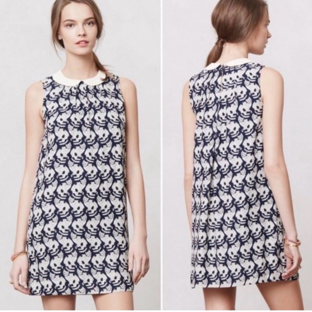 Anthropologie Postmark Chaton Cat Print Shift Dress in Blue Size M